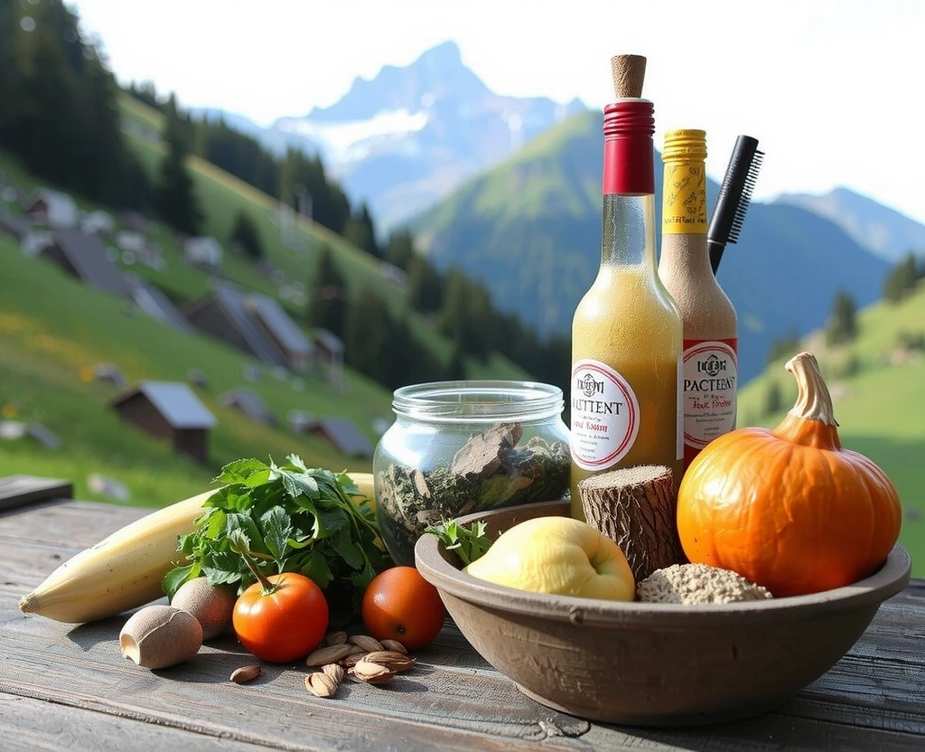 Österreichische Alpenlandschaft mit traditionellen Heilkräutern und regionalen Lebensmitteln
